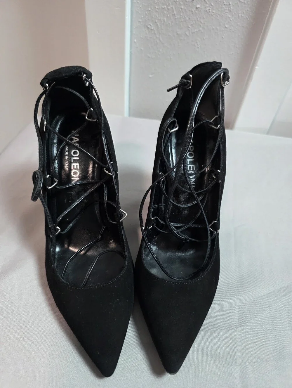 NAPOLEONI Black Suede Lace-Up Pointed Toe Block Heel Pumps Made in Italy Size 37